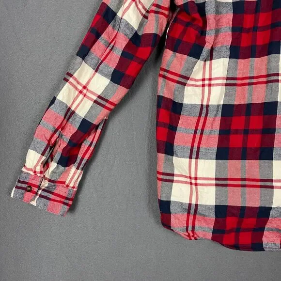 Eddie Bauer Shirt Jacket Women's XL Red Ivory Plaid Hi-Low Button Front Hooded - Picture 8 of 16